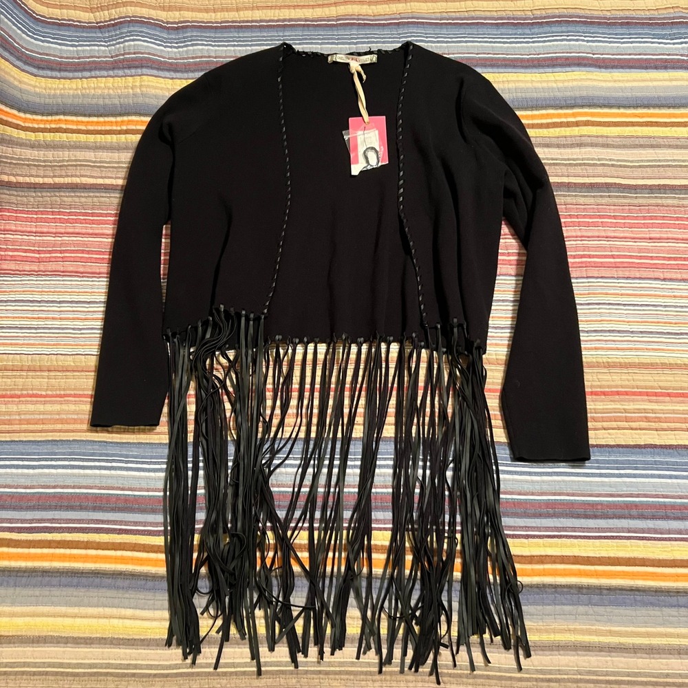 Chelsea Violet Black‎ Knit Fringe Cardigan Sweater Jacket Women's Size L